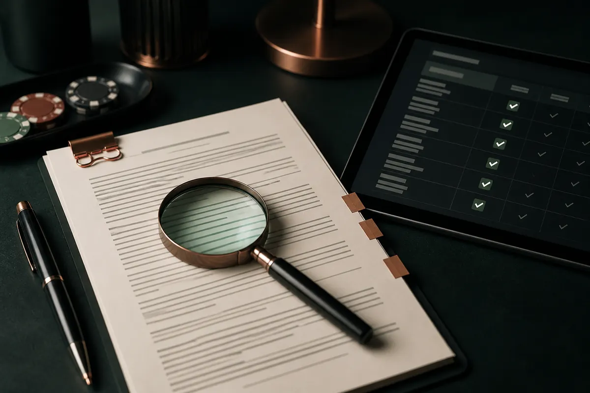 Bonus terms under review with a magnifying glass and comparison checklist