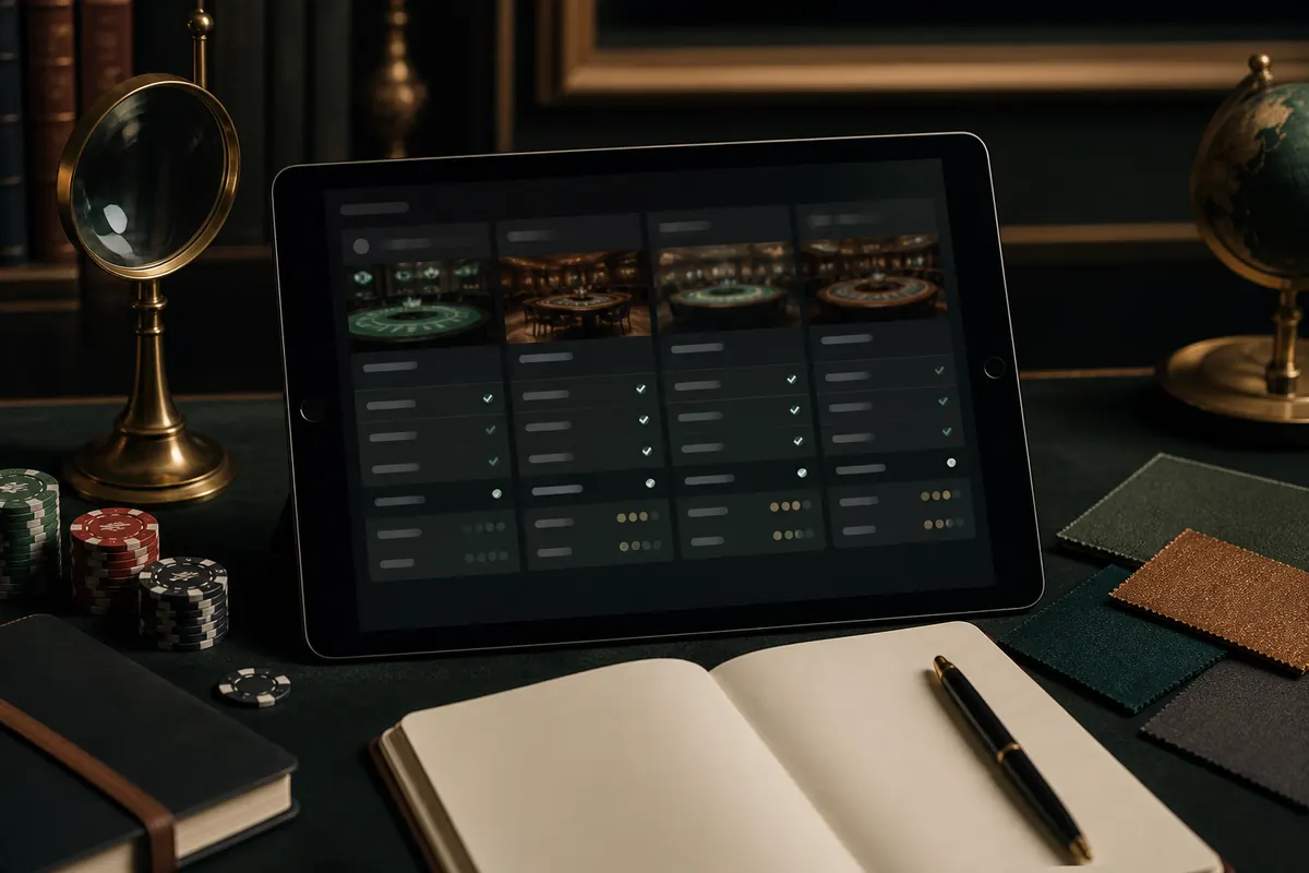 Editorial review desk with a casino platform comparison interface