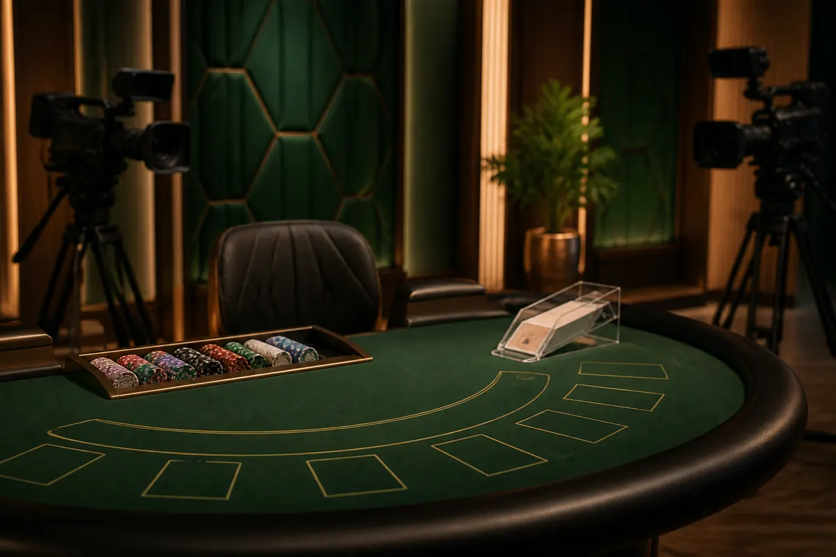 Professional live casino studio with a green table and production cameras