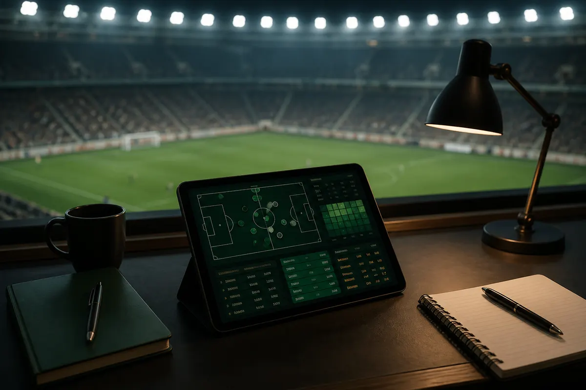 Football match analysis desk with a tactical data interface