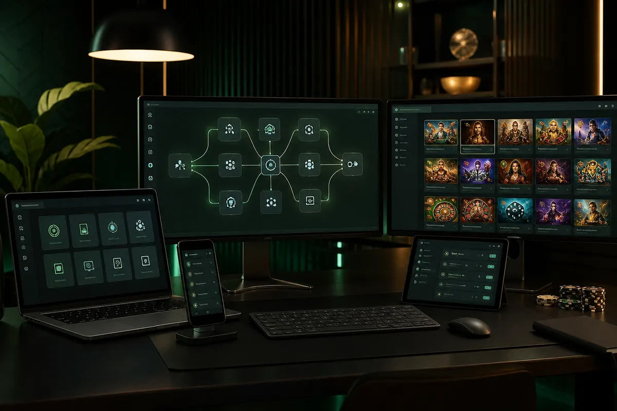Game studio workspace showing an abstract platform integration ecosystem